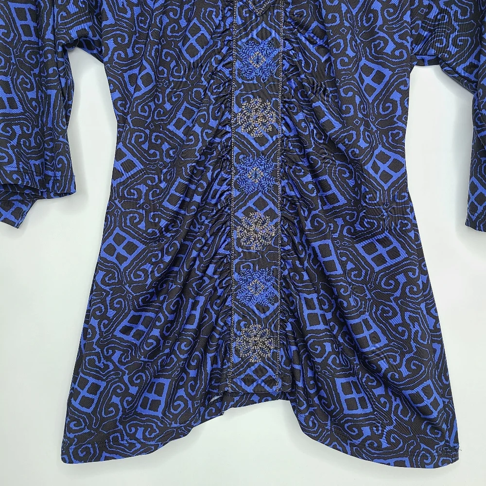 INC Top 3/4 Sleeve V-Neck Stretchy Blue Black Funky Size Small_3